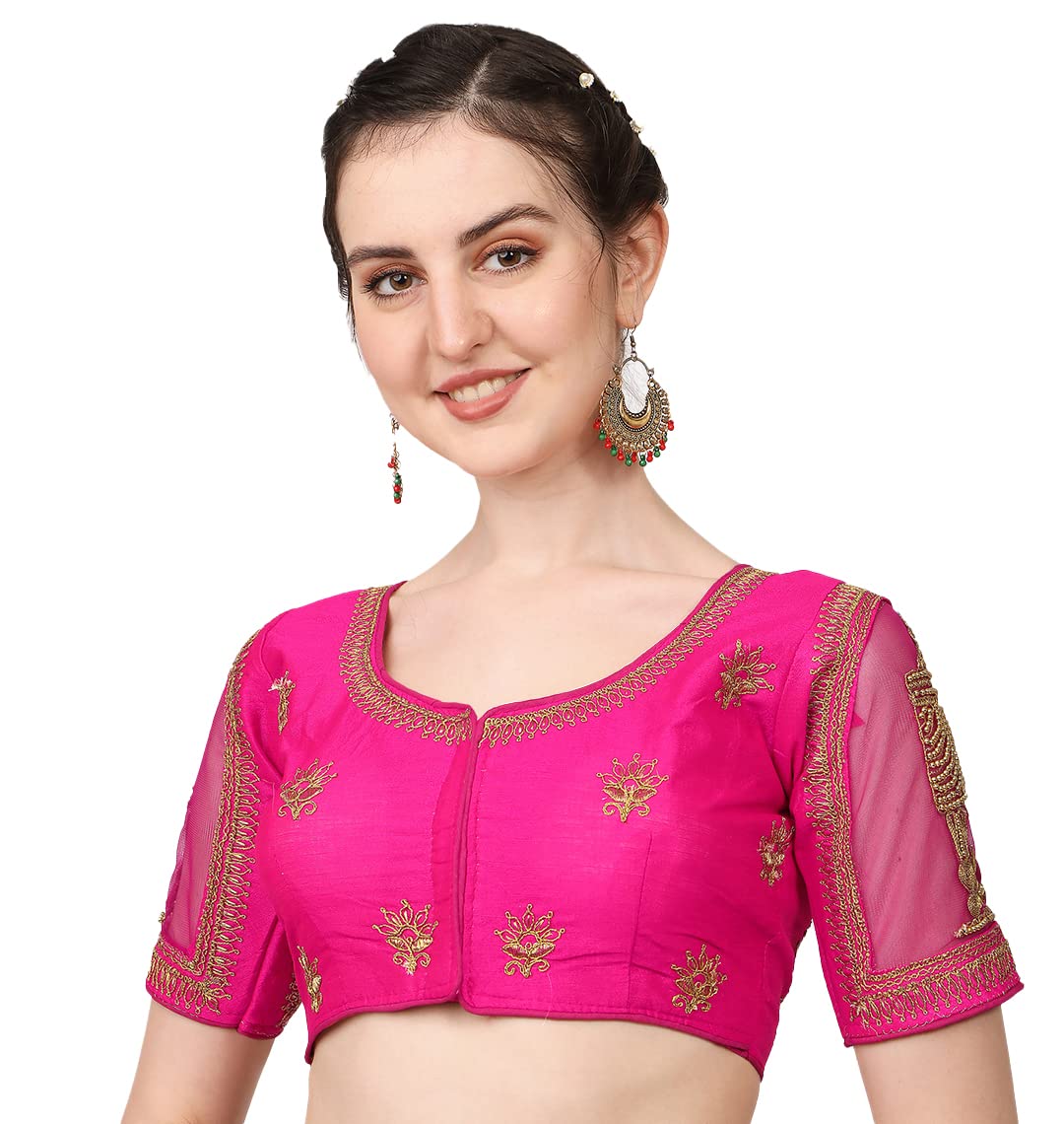 Pujia Mills Women's Multicolor Temple Embroidery Net Back Sequence Khatli Work Sleeves Design Phantom Silk Readymade Saree Blouse (Temple Blouse_Pink_38 Size+Margin)