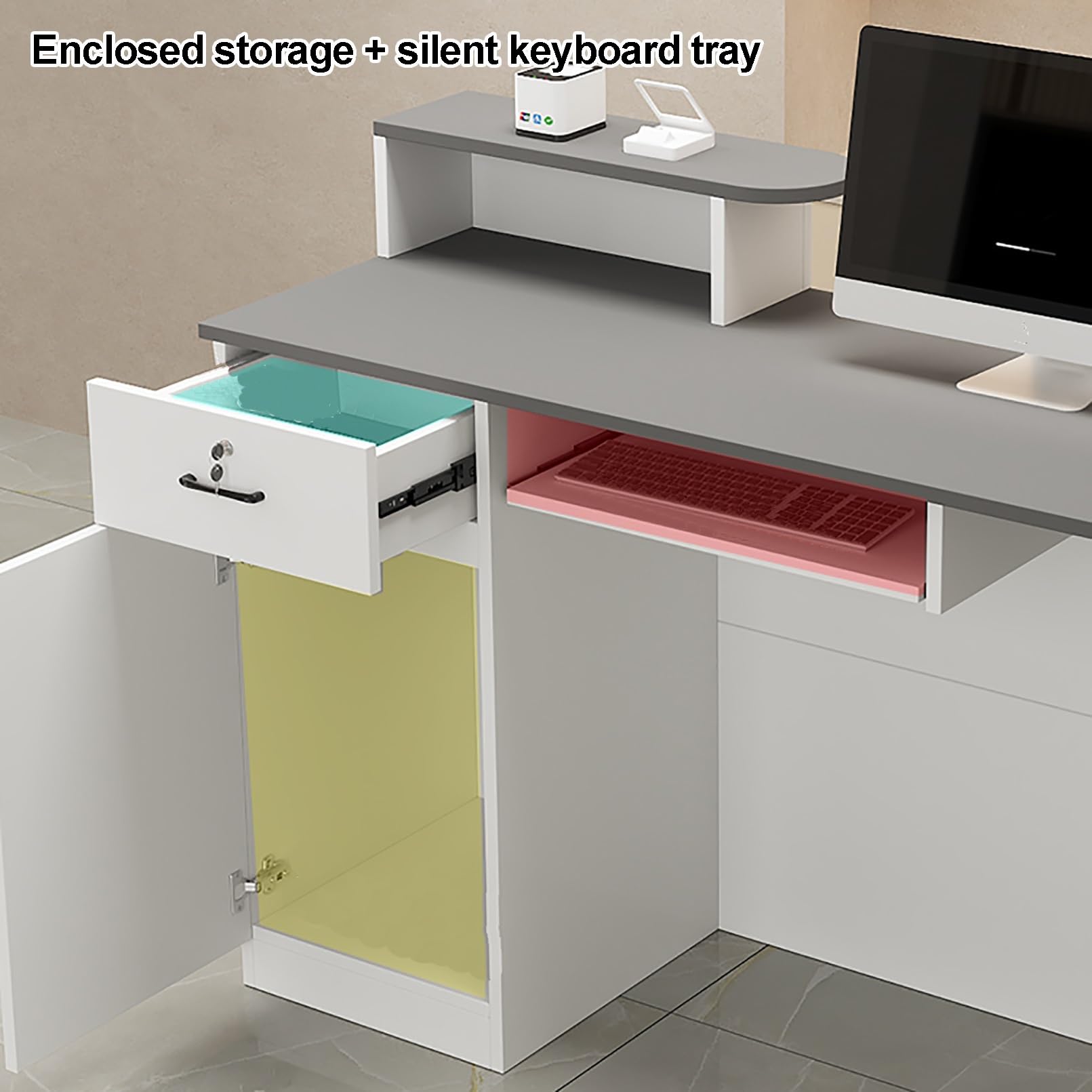 Bancone Reception Moderno 120x90x40cm - Bancone Ufficio Con Cassetti Stile Marmo