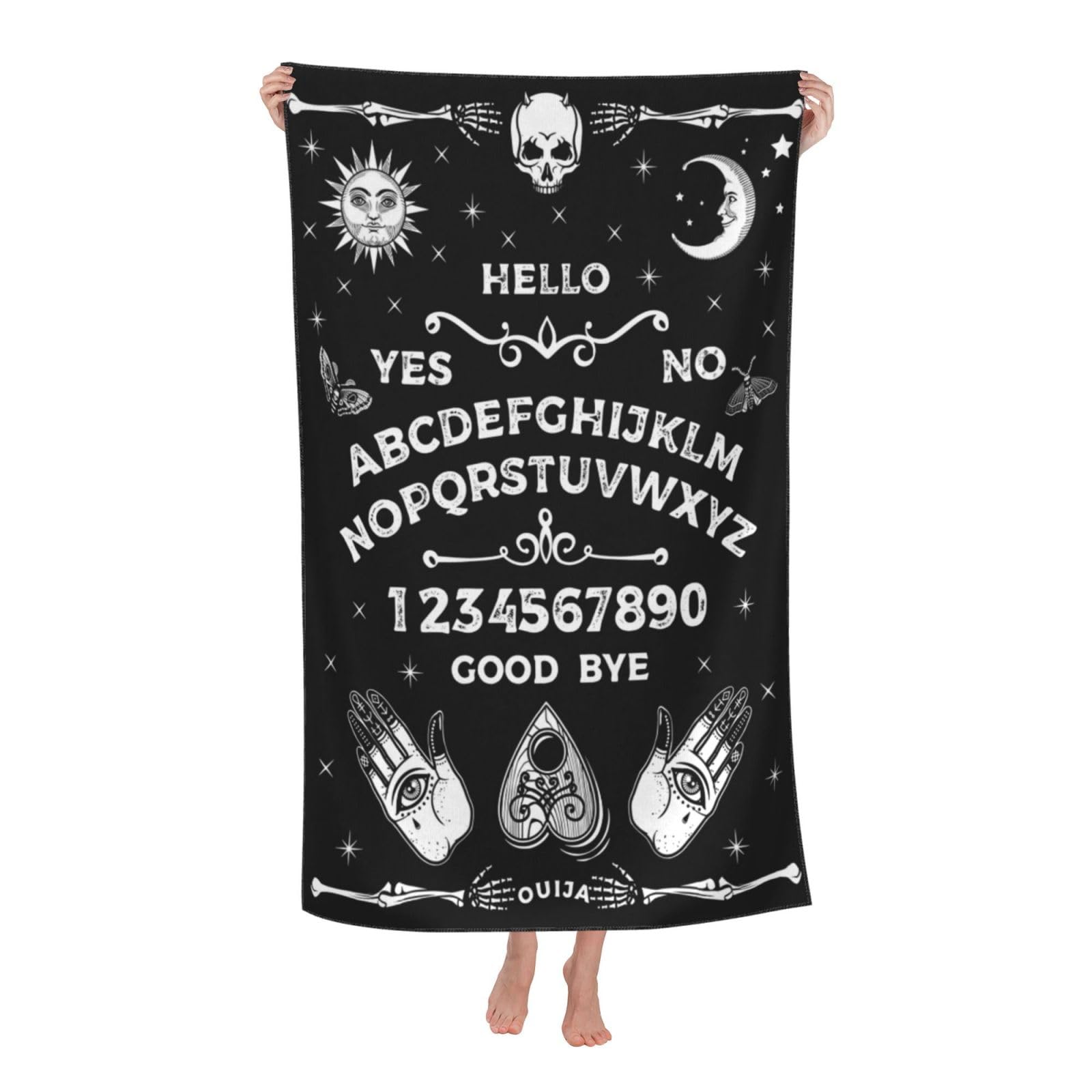 Gothic Ouija Board Beach Towel, Halloween Skull Sun Moon Goth Bath Towels, Black and White Beach Accessories Quick Dry Microfiber Yoga Swim Pool Towels 77X153cm/ 30x60 Inch