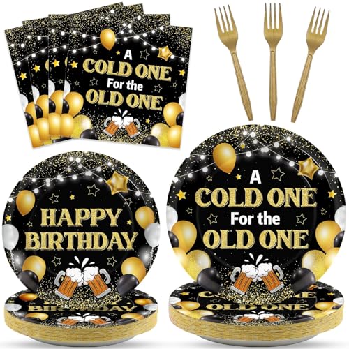 Image of 96 Pcs A Cold One for The Old One Party Decorations Black Gold Tableware Set for Men Party Favor Cheers Birthday Party Plates and Napkins for 30th 40th 50th Dinnerware Supplies for 24 Guests
