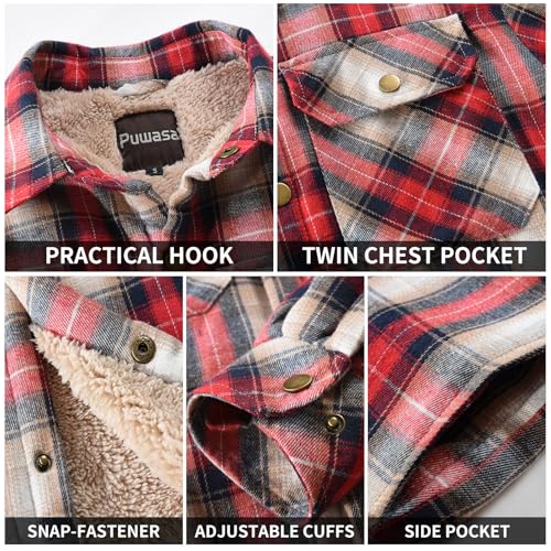 Image of Men's Sherpa Cotton Flannel Shirt Jacket Plaid Button Coat Pocket