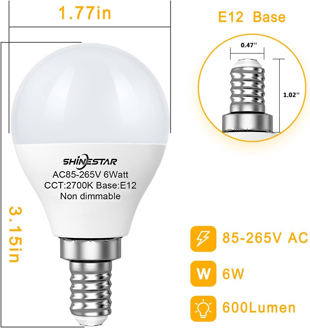 SHINESTAR 3-Pack E12 LED Ceiling Fan Light Bulbs 2700K Warm White, Small Candelabra Base 6w (60w Equivalent), Globe Shape A15 Bulbs, High CRI 85+ for Natural and Radiant Colors, Non-Dimmable