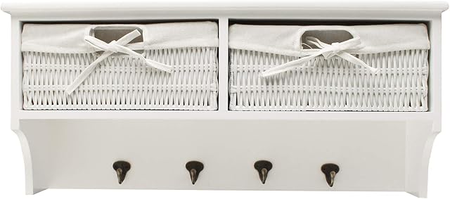 KingSaid Hallway Wall Coat Hook Display Storage Unit White 4 Hooks and 2 Woven Baskets Wall Storage Drawers Shelf