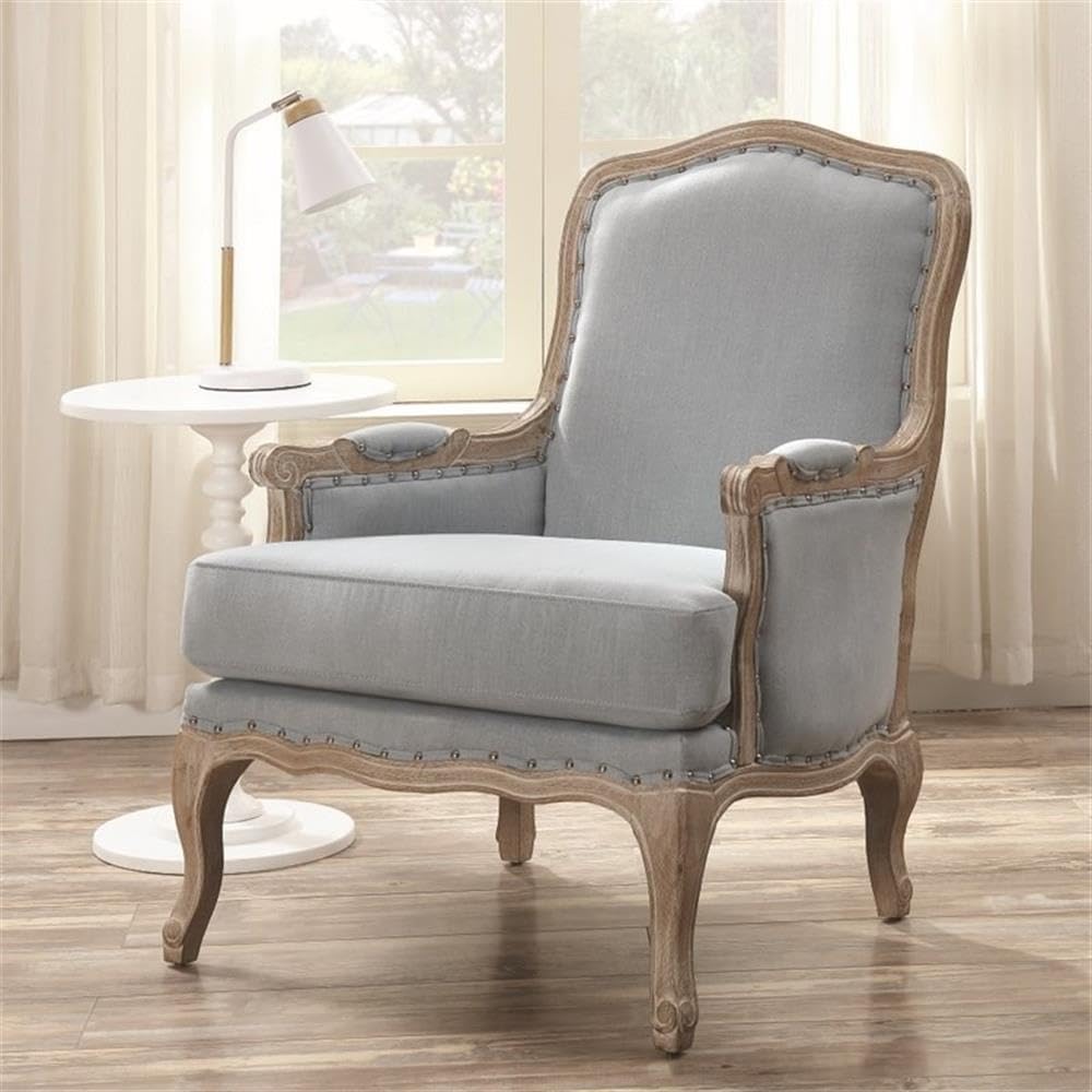 Bowery Hill Transitional Fabric Accent Chair, 38"H x 29"W x 32"D, Wood Frame with Nail Head Trim, Light Blue Finish, Padded Arms and Foam Cushions, Cabriole Feet, Classic French Style for Living Room