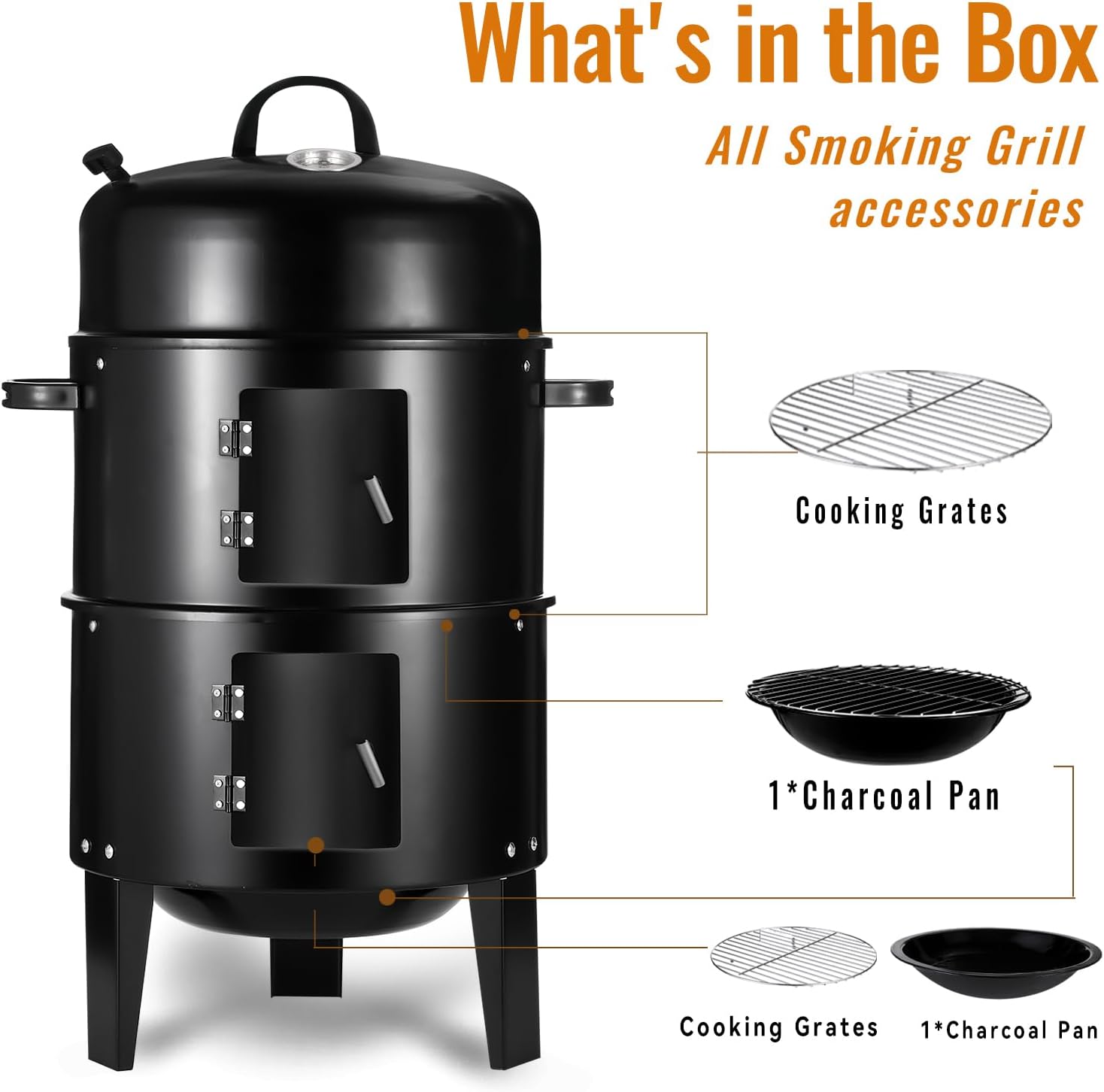Vertical 17 Inch Charcoal Smoker Grill with Thermometers and Air Vent, Multi-Layer Meat 3-in-1 Portable light weight with 2 Access Doors Grill Smoker (17 INCH)
