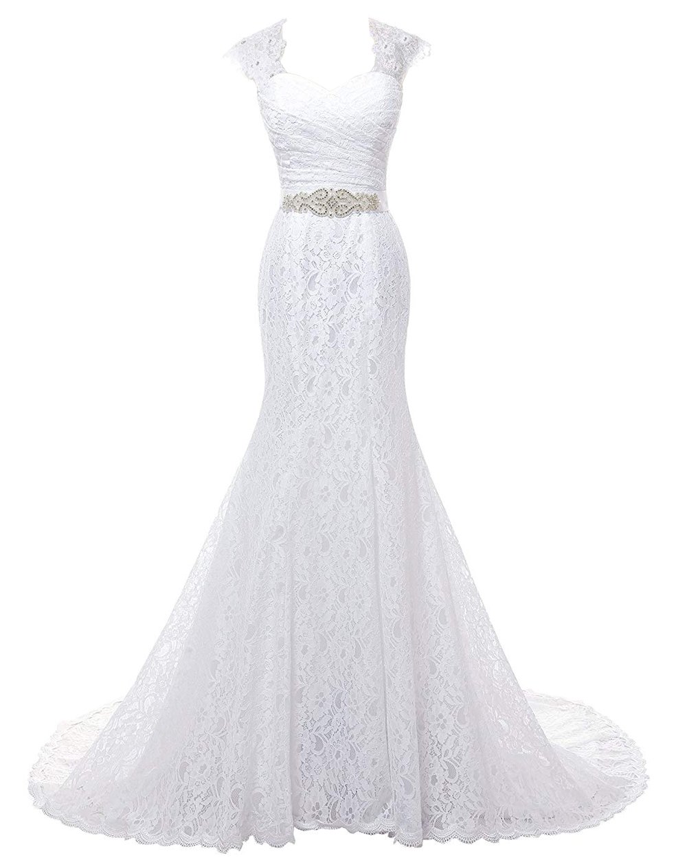 Women's Cap Sleeves Lace Mermaid Wedding Dress 2017 Bridal Evening Dress Prom Gown White US6