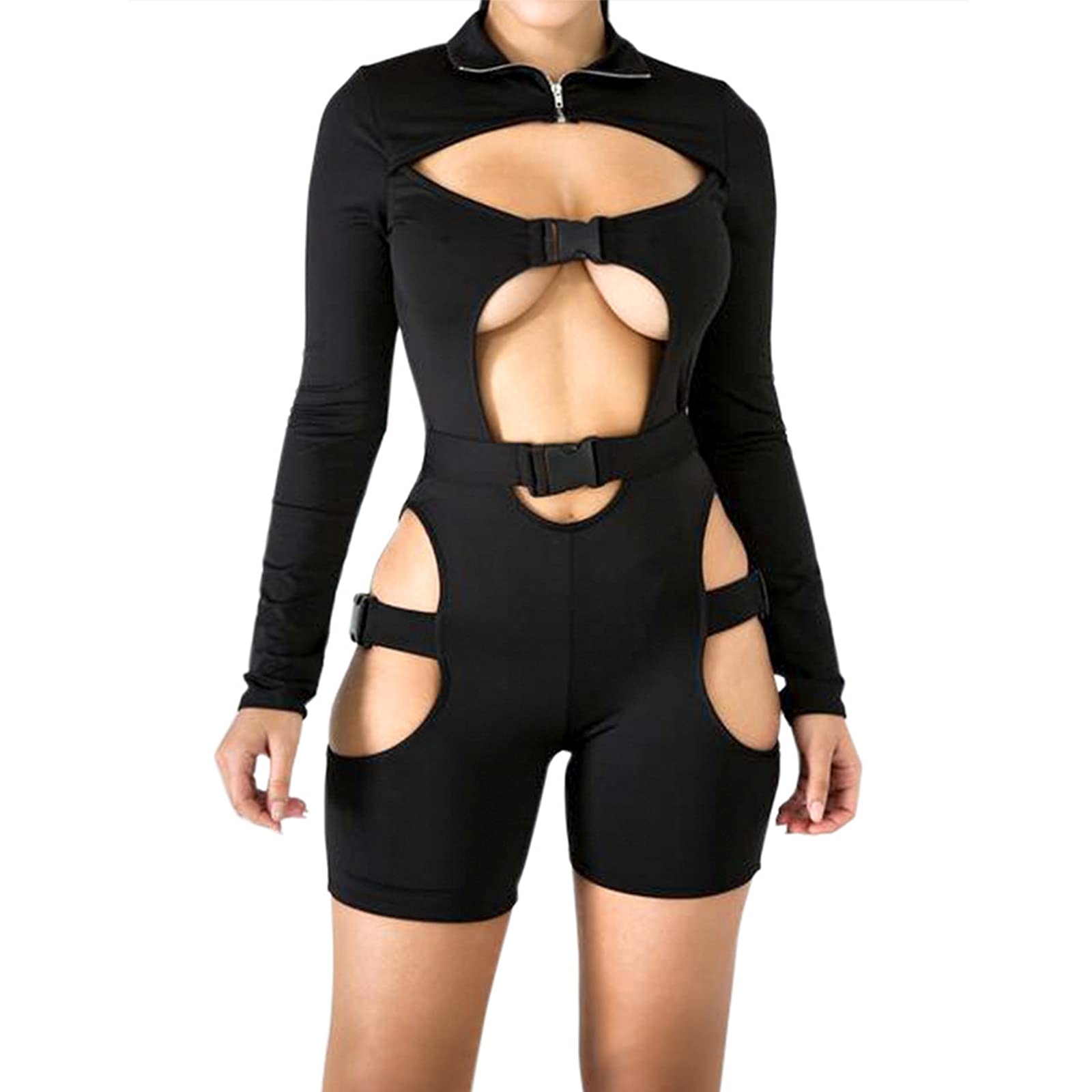 Womens Long Sleeve Bodycon Jumpsuit Buckle High Neck Zipper One Piece Romper Biker Clubwear - Black Small