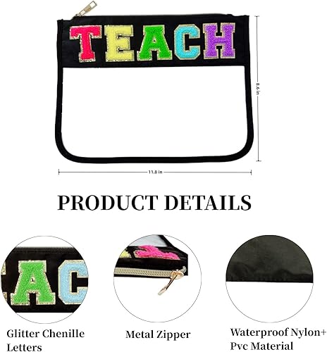 Miniatura 2 de cqoogrlx Bolsa de maquillaje transparente de felpilla con purpurina, parche de letras universitarias con cremallera, bolsa de aseo para viajes,