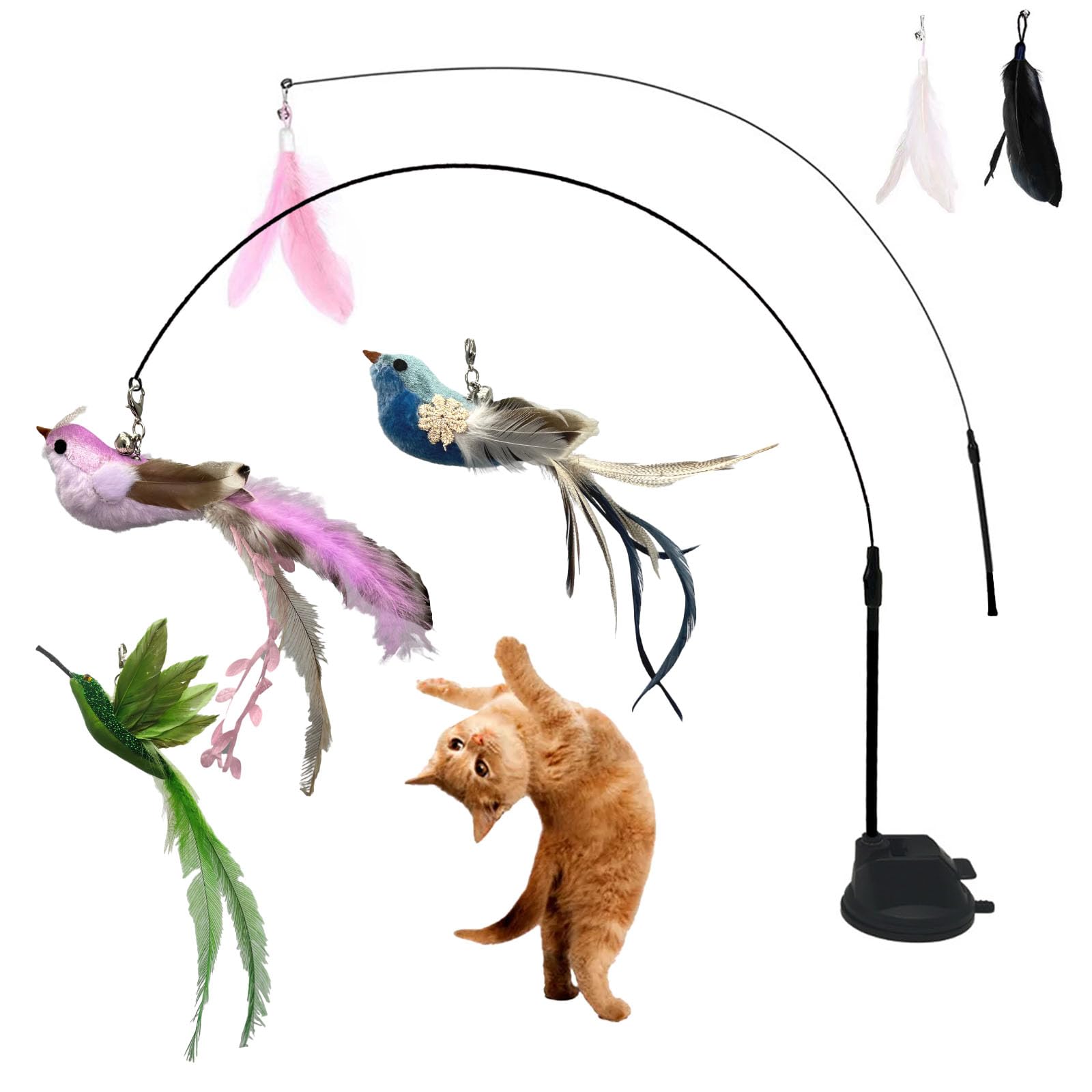 Pawdea 9PCS Flying Bird Cat Toy Set, Interactive Cat Toys with 2 Flexible Wands & Strong Suction Base, 3 Natural Bird Feather Attachments & Bell, Fun Play for Indoor Kittens, Engaging Toy Set