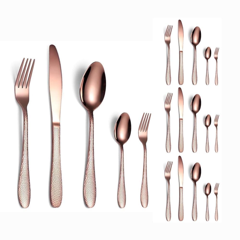 Hammer Strike Modello in Pelle Di Serpente Maniglia Da Cucina Acciaio Inossidabile Posate Stoviglie Posate Set Coltello Da Bistecca Forchetta Cucchiaio Cucchiaino (Oro rosa,20 pezzi)