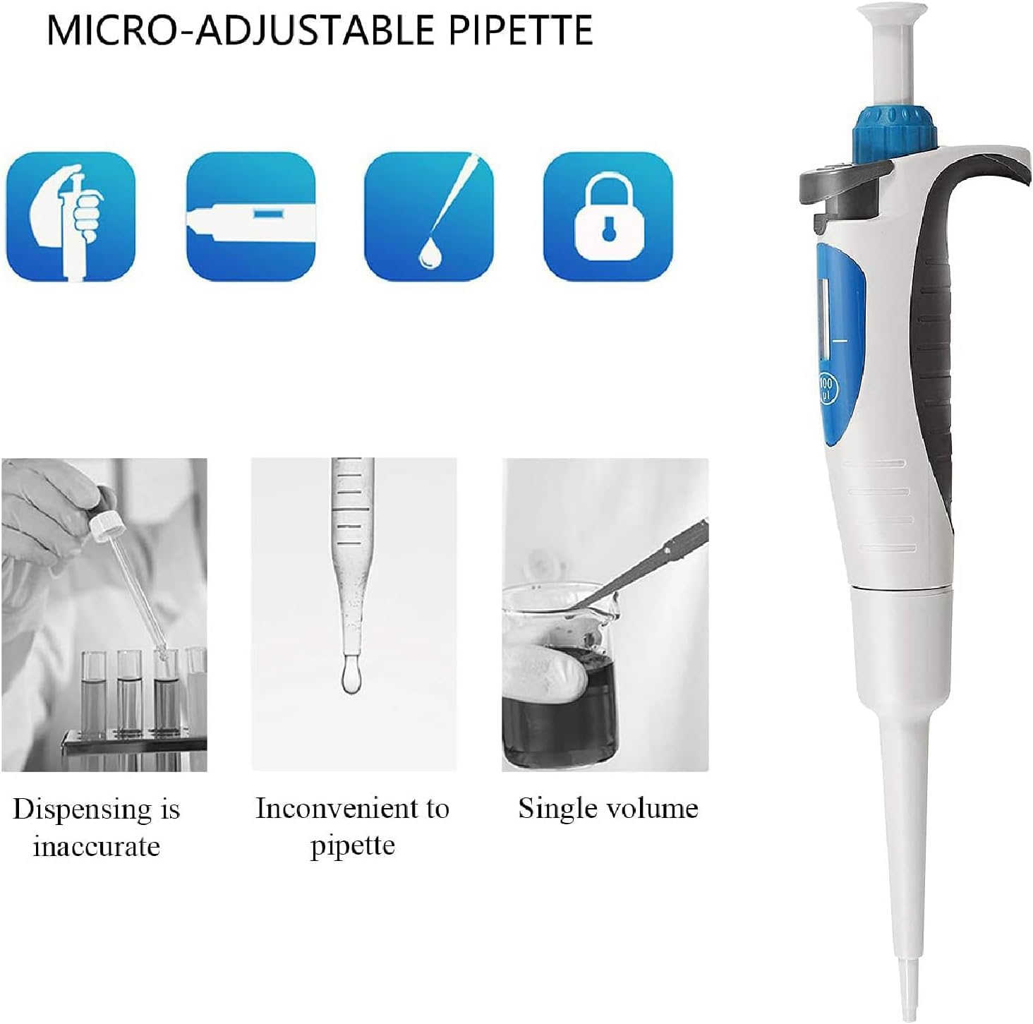 Micropipeta de laboratorio, rango de capacidad de 0.1-1ul pipeta de canal único de alta precisión, pipeta de volumen ajustable, utilizada en médico, educativo, químico.
