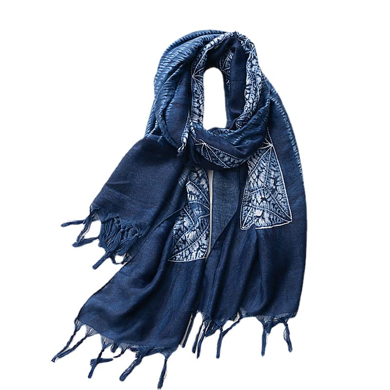 Spring and autumn thin cotton blend tie-dye sunshade sunscreen scarf travel outdoor retro style dual-use shawl (blue-1)