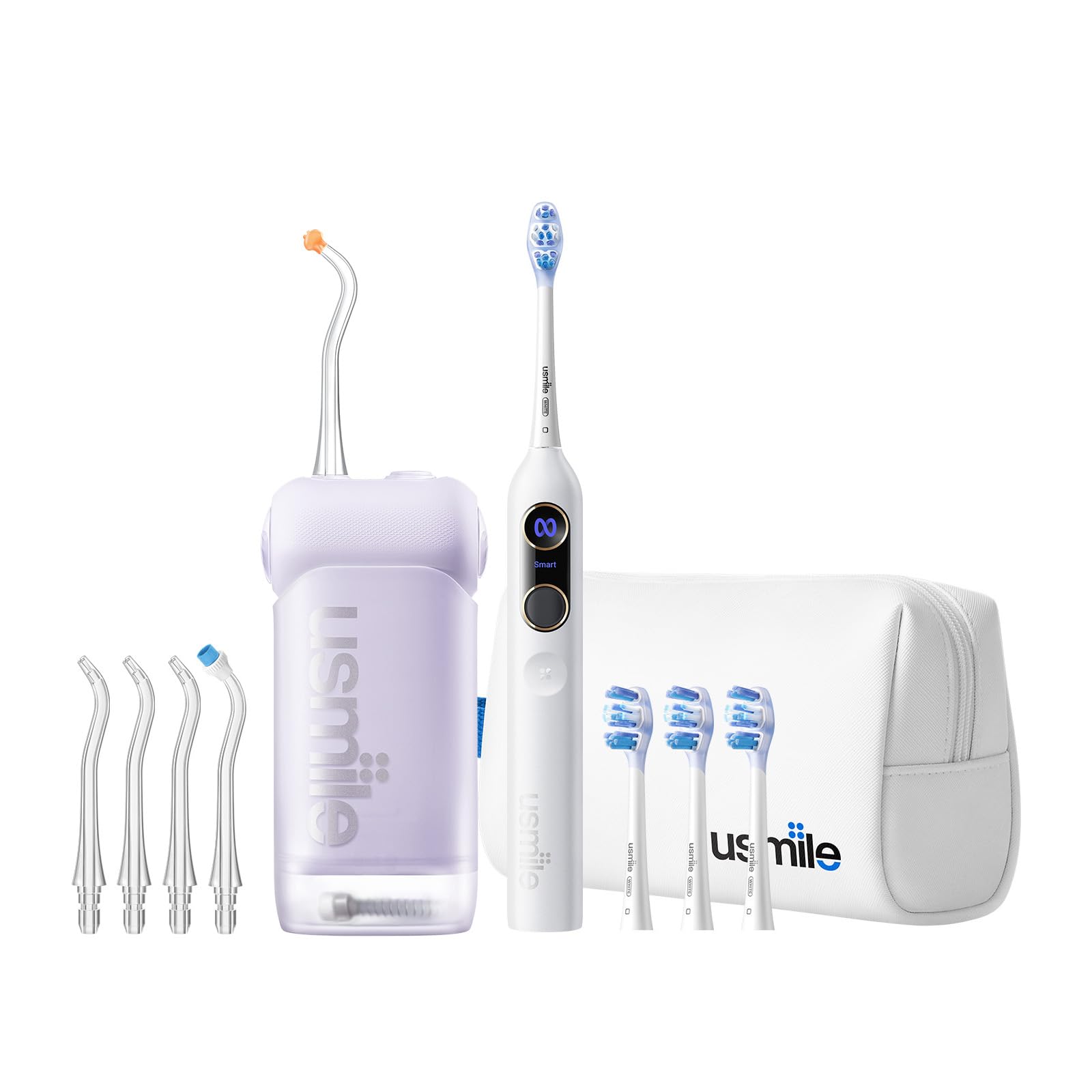 5-in-1 Bundle usmile C10 Portable Water Flosser Purple Y20 PRO AI Smart Electric Toothbrush White Standard Nozzles Replacement