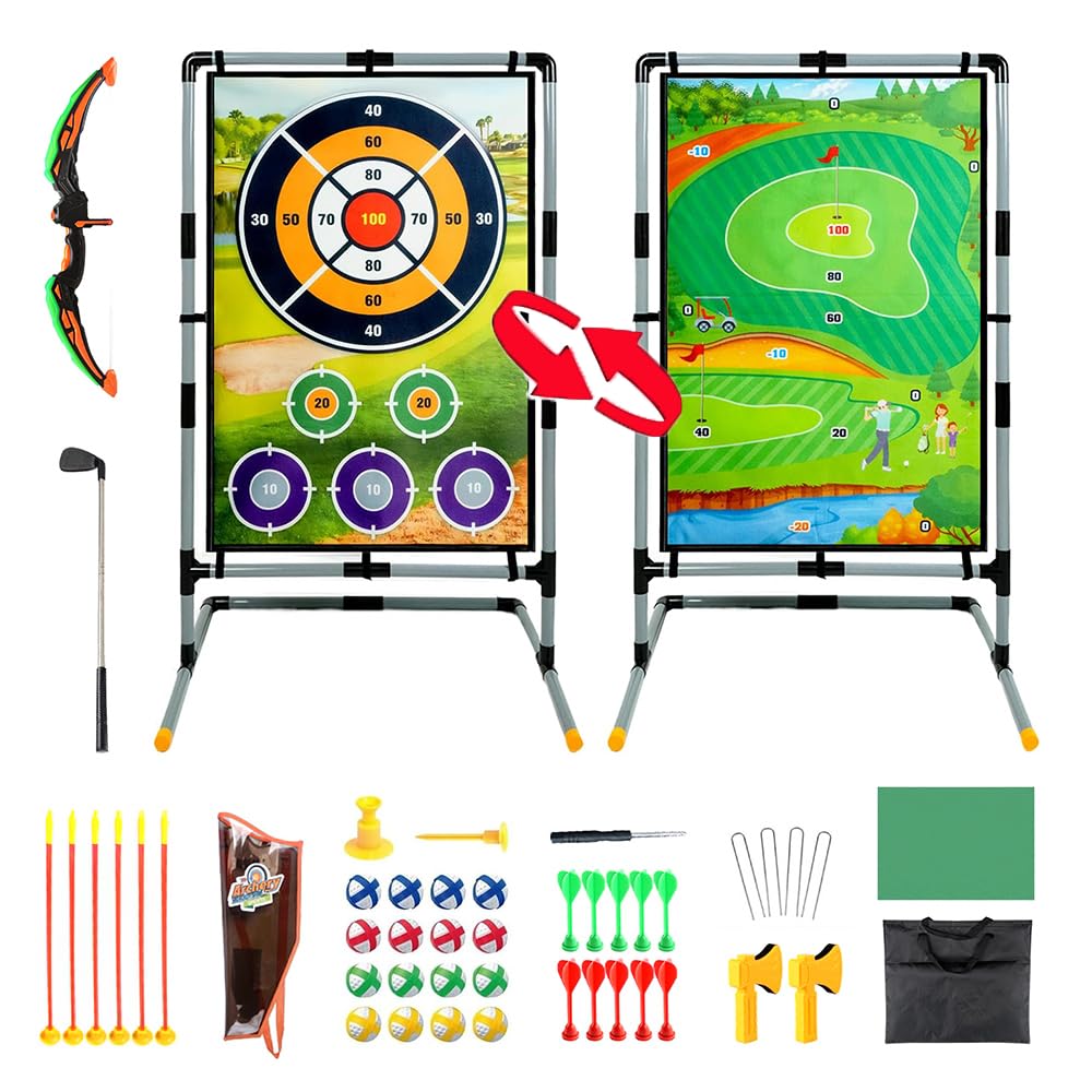 HoldOneLight 5-in-1 Golf, Archery & Axe Throwing Game Set - Darts, Bow & Arrow, Golf Toys | Indoor or Outdoor Backyard Games for All Ages