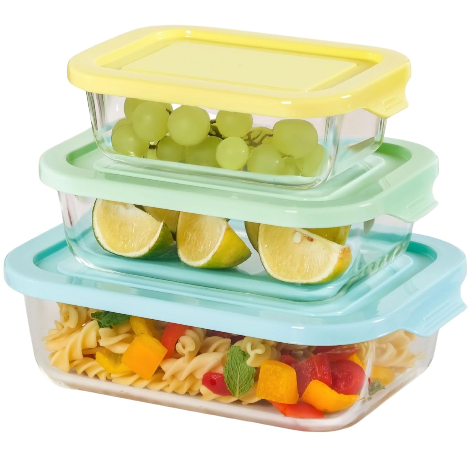 Nestasia Transparent Glass Containers with Lid Set of 3 (S-370ml, M-600ml, L-1000ml) | Borosilicate Glass Food Storage Containers for Kitchen | Microwave, Dishwasher & Freezer Safe