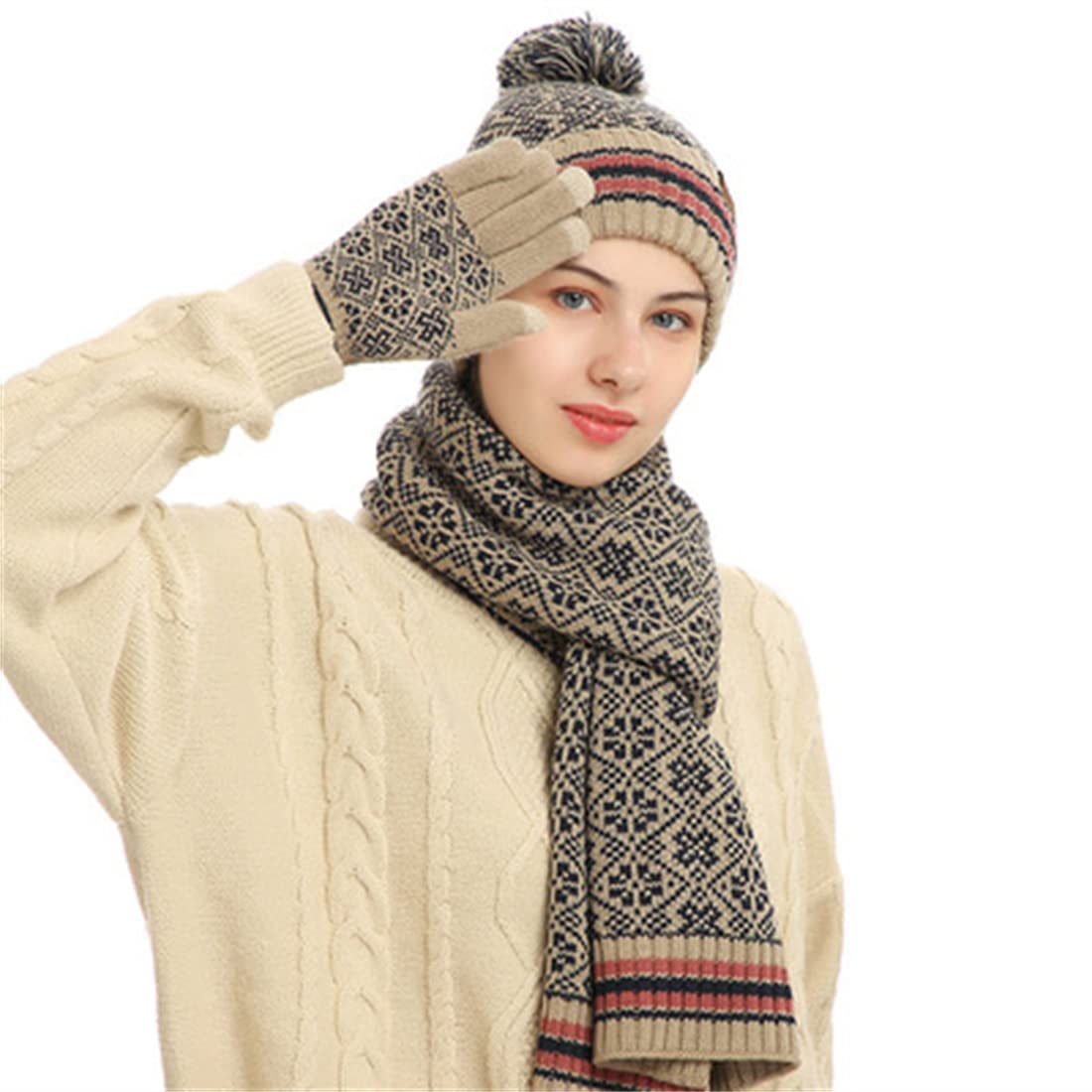 Winter Warm Knit 3-Pcs Set for Men and Women,Stretchy Hat Beanie with Fleece Lined,Long Scarf,Touch Screen Gloves. Beige