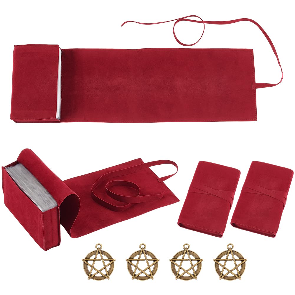DELORIGIN 4Pcs Velvet Tarot Bags with Tibetan Style Alloy Pendants, Tarot Card Storage Cloth Holder
