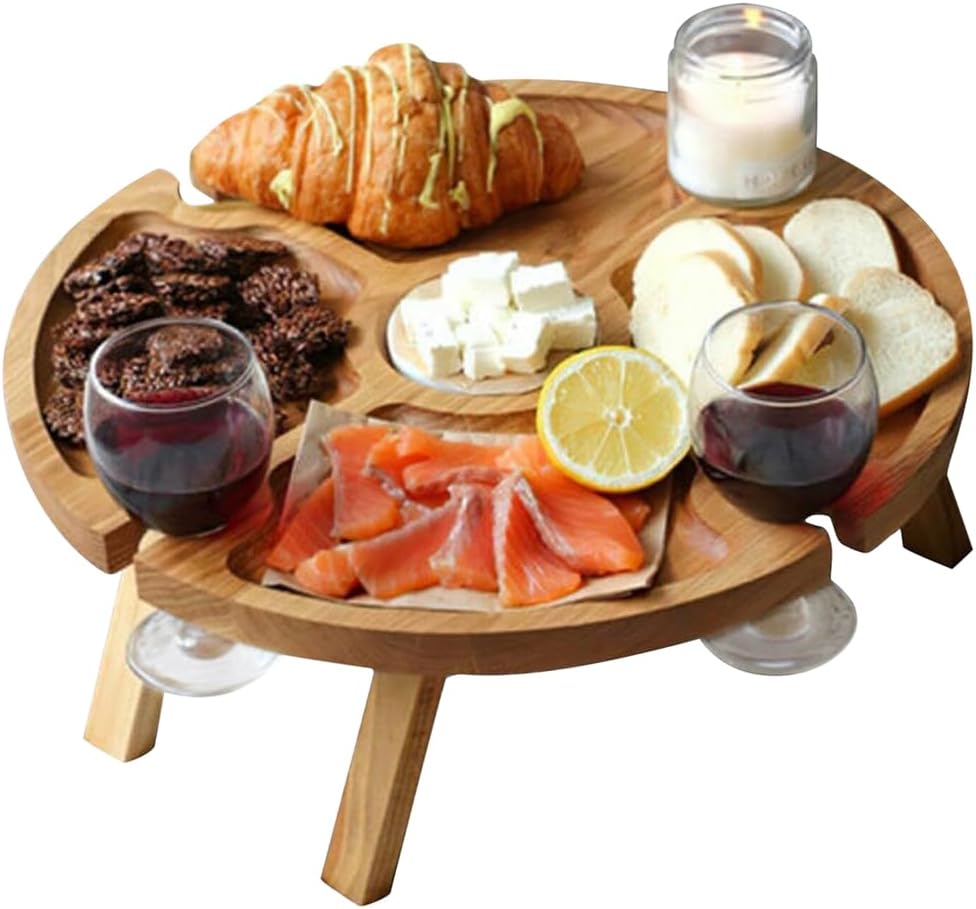 Portable Wine Picnic Table, Folding Portable Outdoor Snack and Cheese Tray with 4 Wine Glasses Holder, Bamboo Wine Picnic Table, Bed Tray for Eating, Decor for Romantic Dinners, Beach, Camping, Party