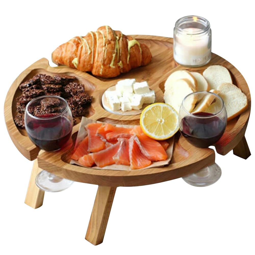 Portable Wine Picnic Table, Folding Portable Outdoor Snack and Cheese Tray with 4 Wine Glasses Holder, Bamboo Wine Picnic Table, Bed Tray for Eating, Decor for Romantic Dinners, Beach, Camping, Party