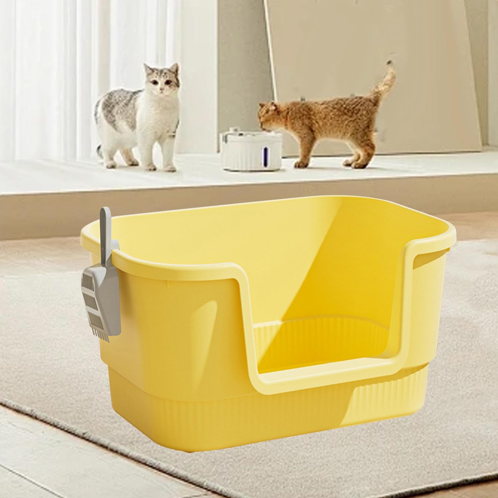 Katzenstreu Schale mit Offenem Oberteil Sifting Katzenklo Hohe Seiten Sandkasten Behälter mit Anti Rutsch Boden Aus PP Material für Mehrkatzenhaushalt, Gelb