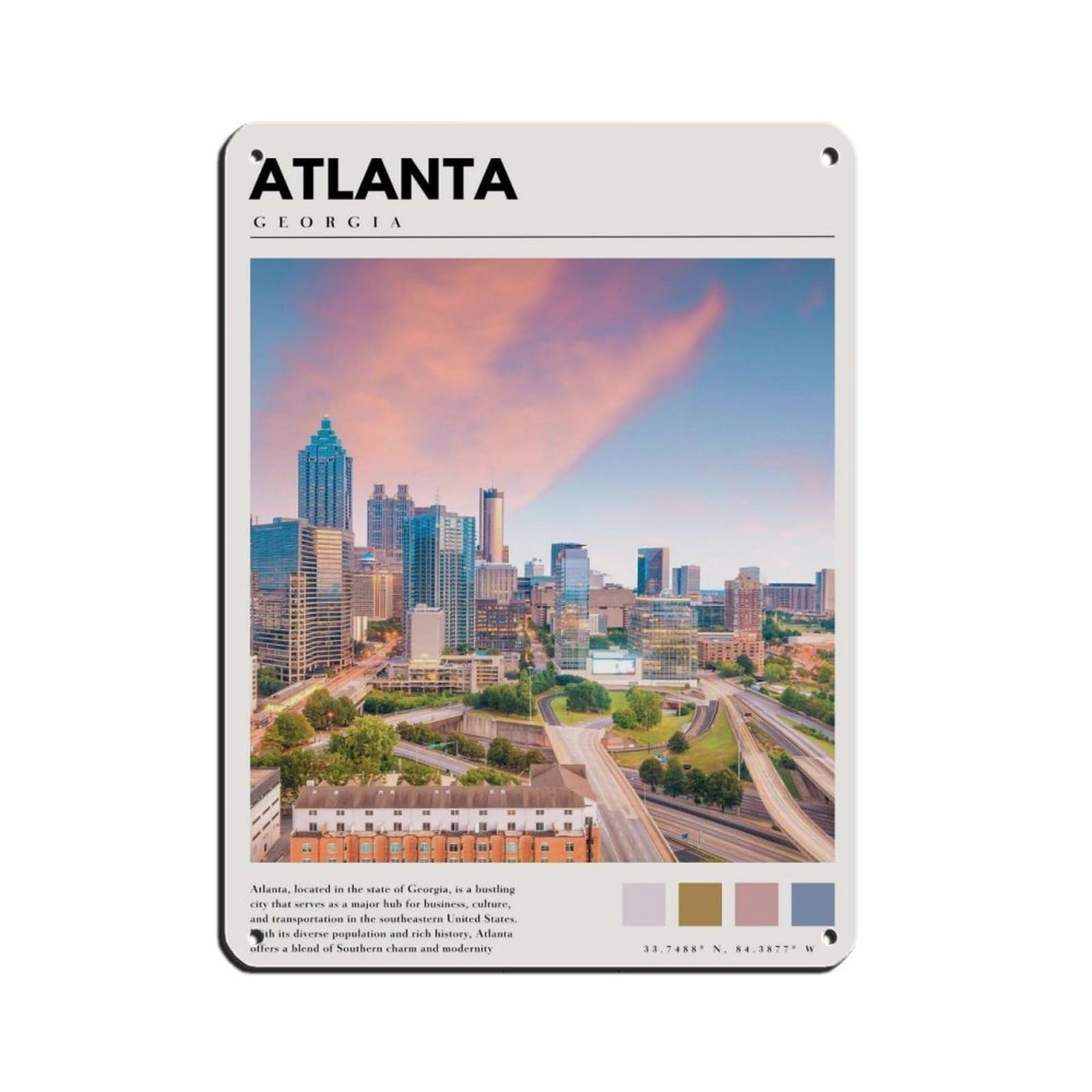 Atlanta Georgia Poster Atlanta Art Retro Poster Metal Tin Sign Chic Art Retro Iron Painting Bar People Cave Cafe Family Garage Poster Wall Decoration 12x16inch(30x40cm)