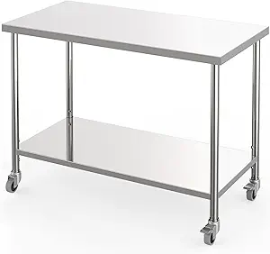 Stainless Steel Table, 60" x 24" Prep Workstation, 1000 LBS, NSF Commercial Work Table with Adjustable Undershelf and Lockable Casters, for Restaurant, Home, Kitchen, Hotel, Outdoor