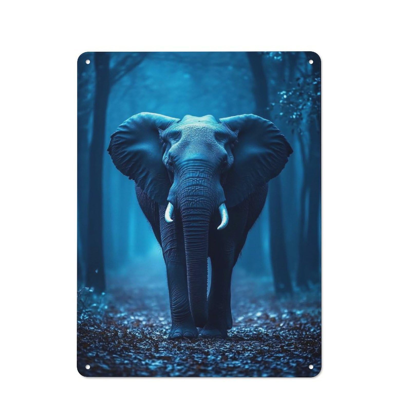 Industrial Metal Sign with Blue Elephant in Forest Design 40x30cm, Modern Retro Loft Wall Plaque for Workspace, Cafe, Hallway Or Garage