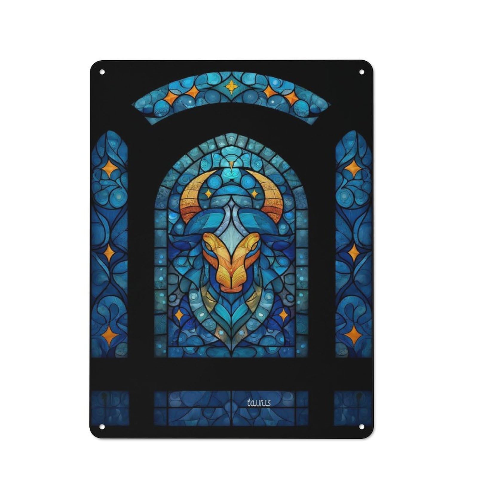 40x30cm Rustic Metal Sign with Taurus Zodiac Sign Stained Glass Art for Studio Or Craft Room, A New Home Gift for Collectors of Metal Signs