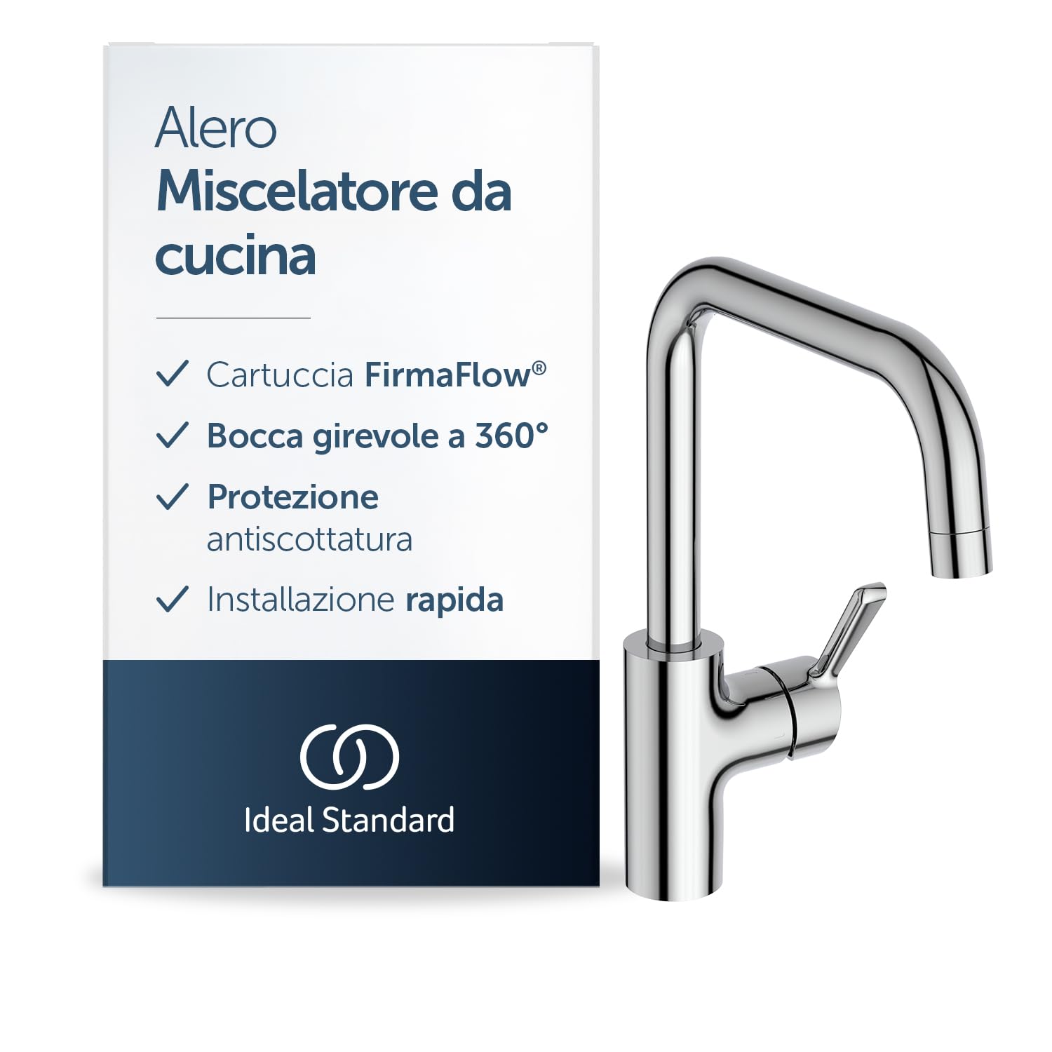 Ideal Standard Alero miscelatore cucina, alta pressione, 222 mm – Cromo | Bocca girevole a 360°, installazione rapida, rubinetto per lavello cucina, BE191AA
