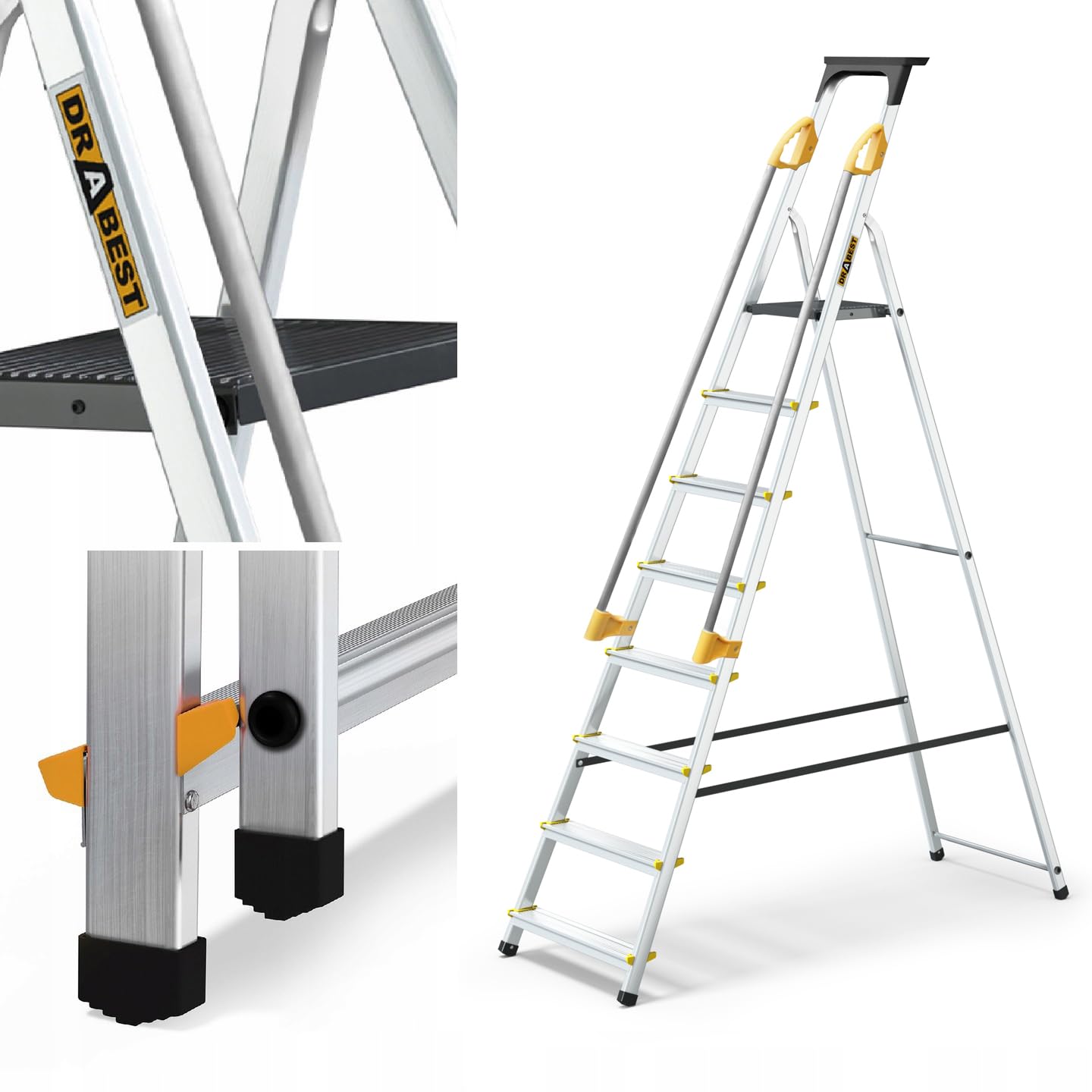 Drabest Échelles Série Pro Escabeau Ménager 8 Marches Aluminium 150 KG 52x239x12 cm