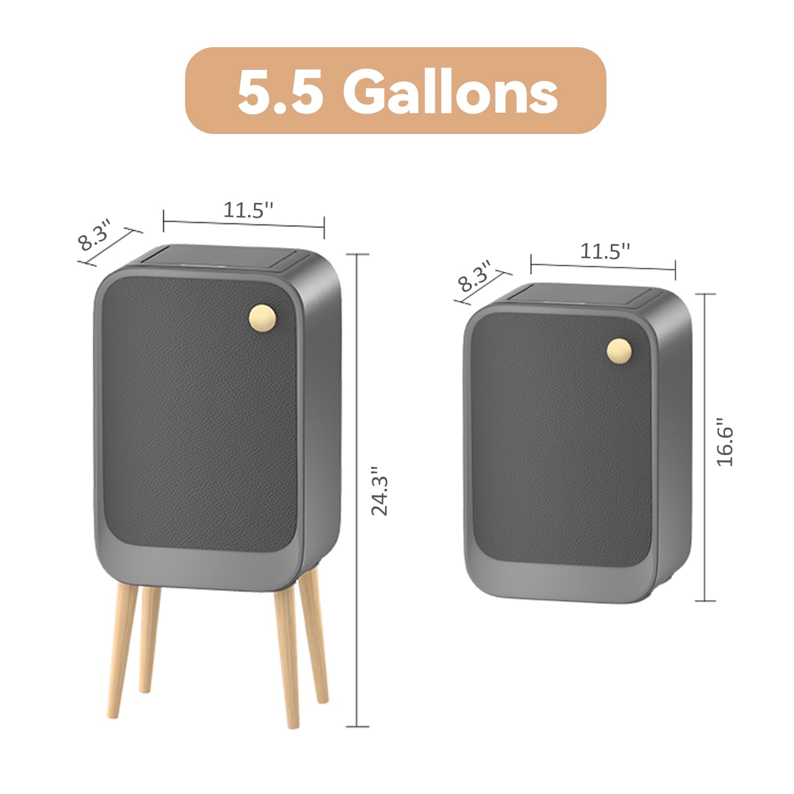 ELPHECO Stainless Steel Kitchen Trash Can 5.5 Gallon Brushed Stainless Steel Motion Sensor Trash Can, Large Capacity Motion Kitchen Trash Can with Wooden Legs (Grey, Large) 2 AA