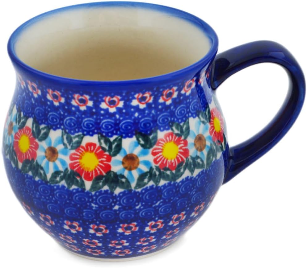 Polmedia Polish Pottery Bubble Mug 13 oz UNIKAT - Red-Hot Summer Pattern Handmade in Boleslawiec Poland by Ceramika Dalia + Certificate of Authenticity