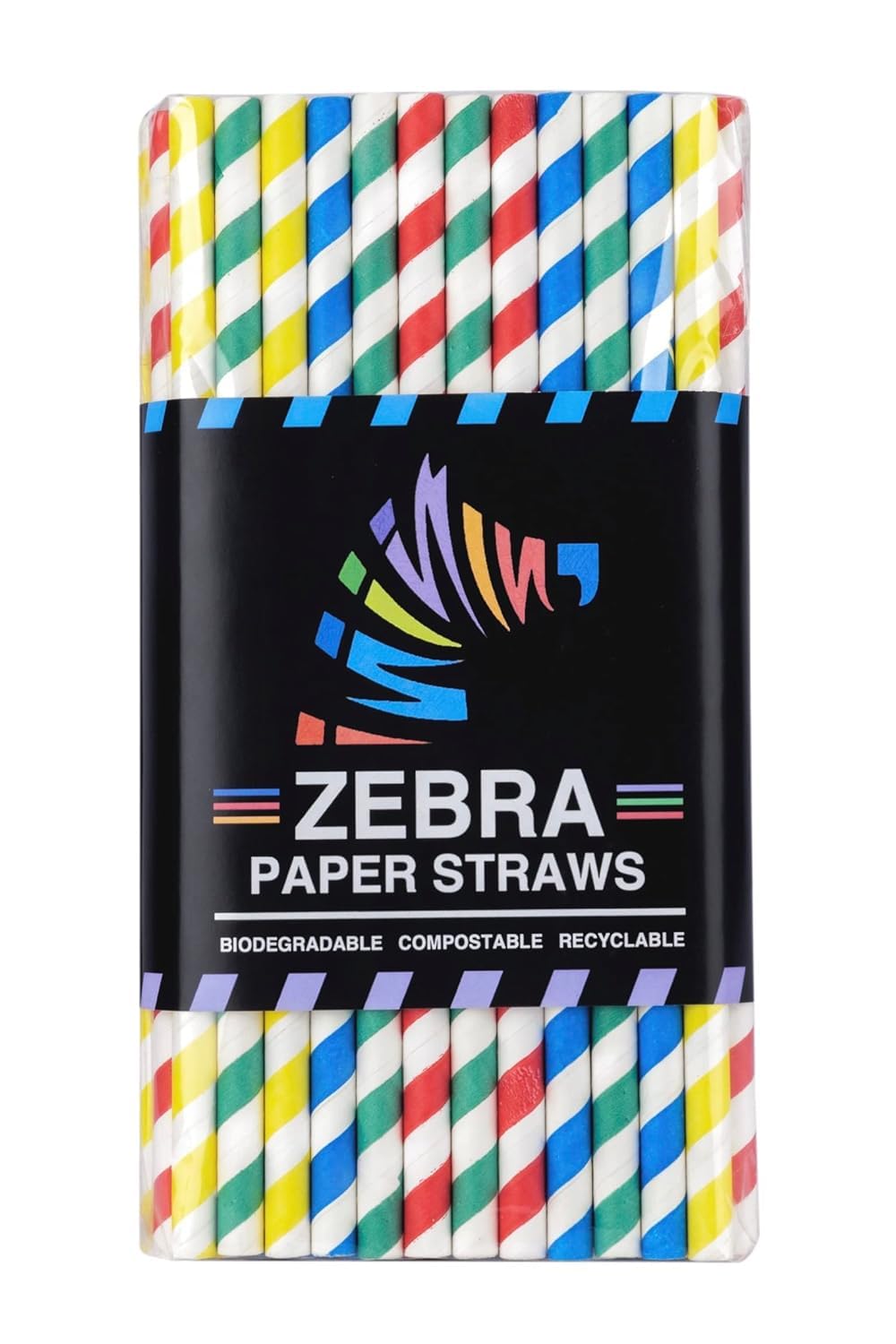 Biodegradable Premium Drinking Straws | 50 Straws (8mm Wide) | Assorted Coloured Stripes | Best for Juice, Soft Drinks and Cocktails | (8MM, Stripes)
