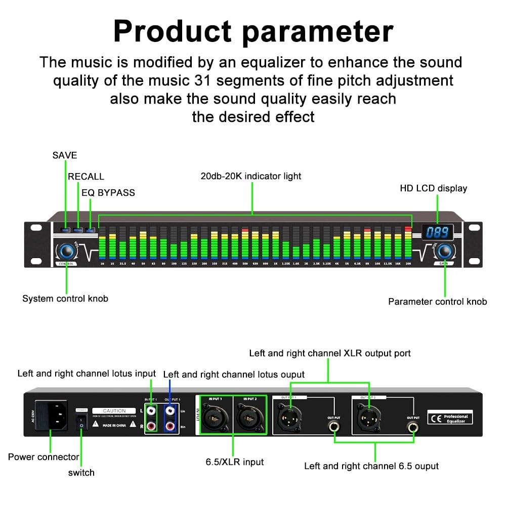 Sistema de audio estéreo de ecualizador gráfico, ecualizador profesional de 31 bandas con 10 efectos preestablecidos y ajuste independiente de bajos/medios/altos para estudio de grabación