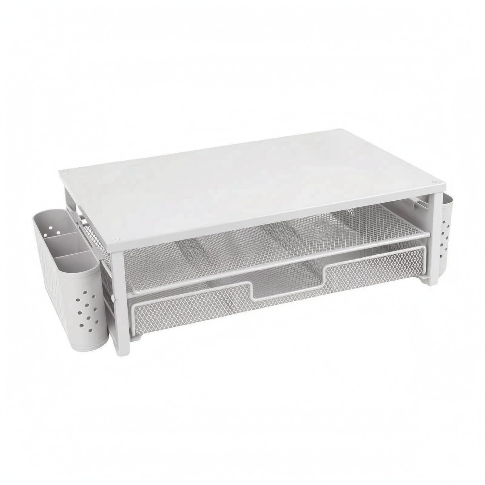 Organizzatore Scrivania Supporto Rialzo Schermo Mensola Tavolo Cassetto Rete Metallo Porta Penne in Acciaio al Carbonio per Ufficio Adatto per Lavoro Lettura Home Office Studenti , Bianco