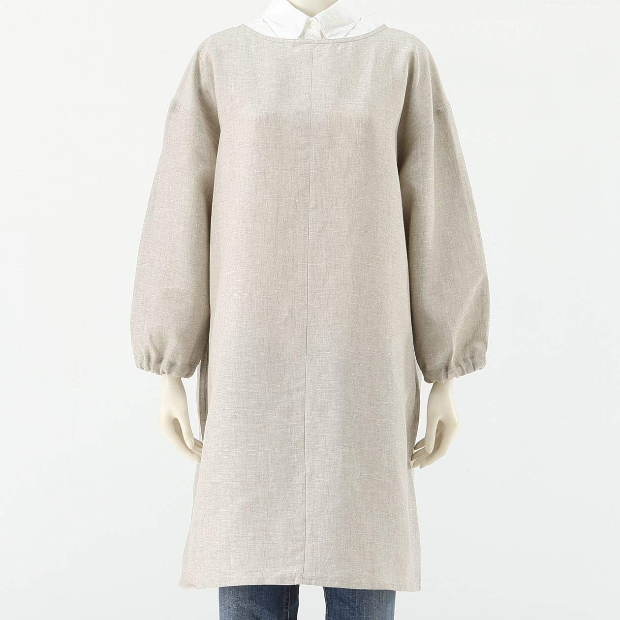 無印良品 麻平織 割烹着 生成 ドロップショルダー身丈約90cm・巾着付 82247572