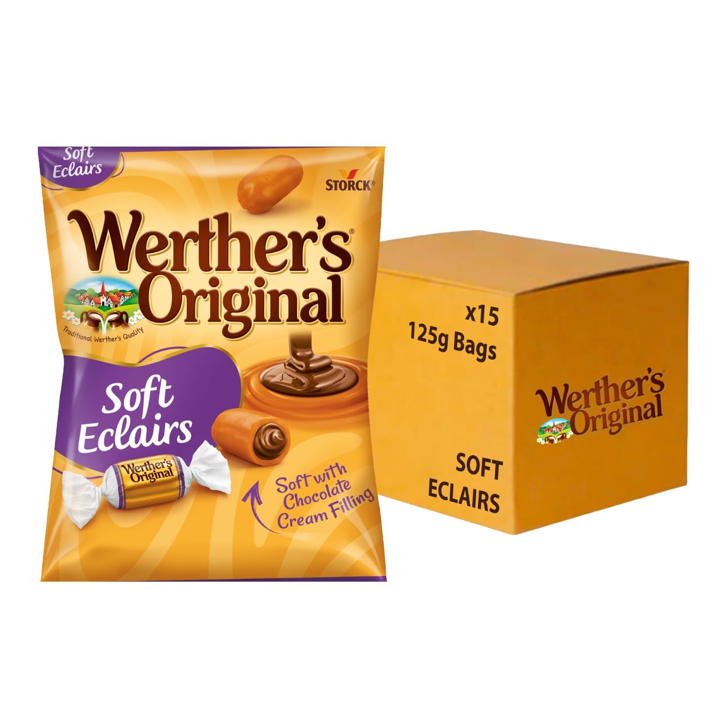 Werther's Original Soft Chocolate Eclairs – Caramel & Chocolate Filled Sweets, Individually Wrapped, 125 g (Pack of 15)