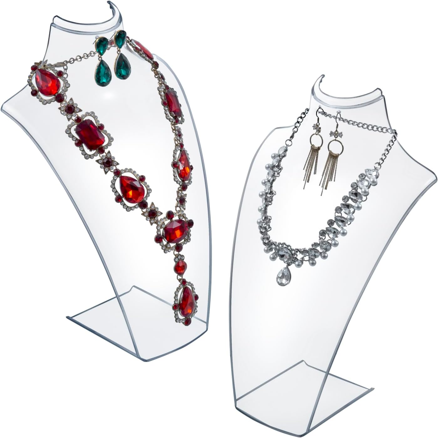 MyGift 12 Inch Clear Acrylic Necklace and Earring 3D Bust Jewelry Display Stand, Tabletop Neck Form Base Chain Holder for Home or Retail Showcase, Set of 2