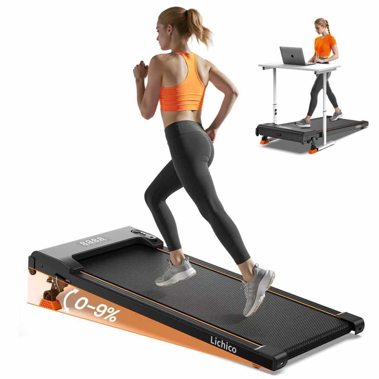 Lichico Walking Pad Treadmill with 9% Incline Adjustable, Under Desk Treadmll with 40 * 100cm Running Belt with Smart APP Remote Control, Running Machine of 130KG Capacity for Home Office
