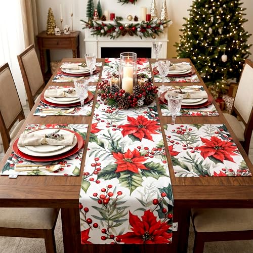 Image of Dining Table Mats Set of 6 with 135 cm Runner - Red Flower Chritmas Magic Theme,Digital Print, Washable, Indoor /Outdoor, Heat-Proof, Wipe & Clean (47X33 cm) Red & Green