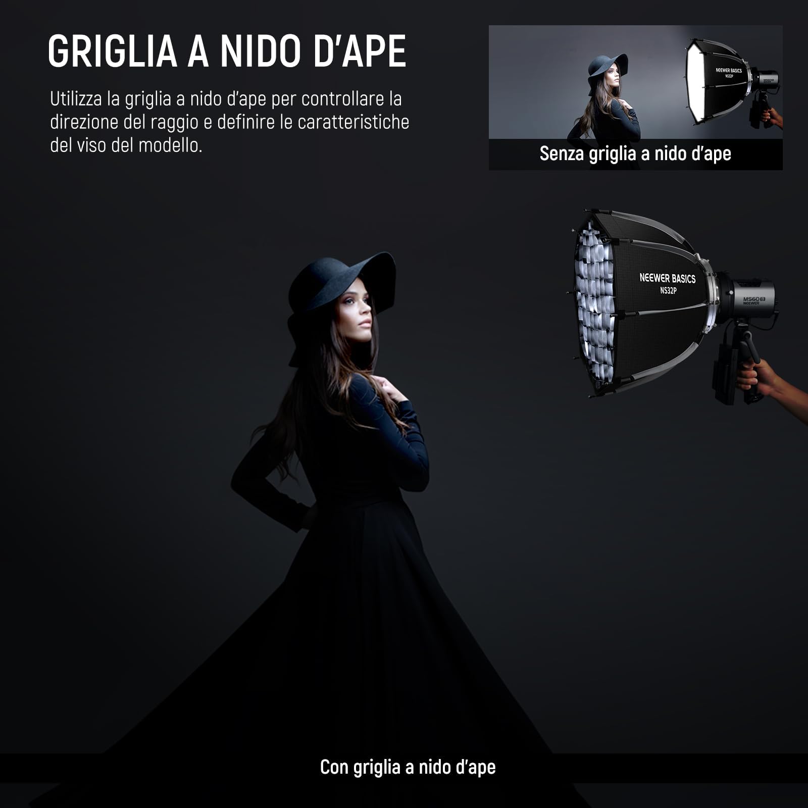 NEEWER BASICS Kit Softbox Ottagonale per Fotografia Studio Riprese Video Streaming, 45cm Soft Box Bowens a Sgancio Rapido/Griglia/Diffusori Luce/Borsa per Illuminazione Continua e Flash Strobo, NS32P