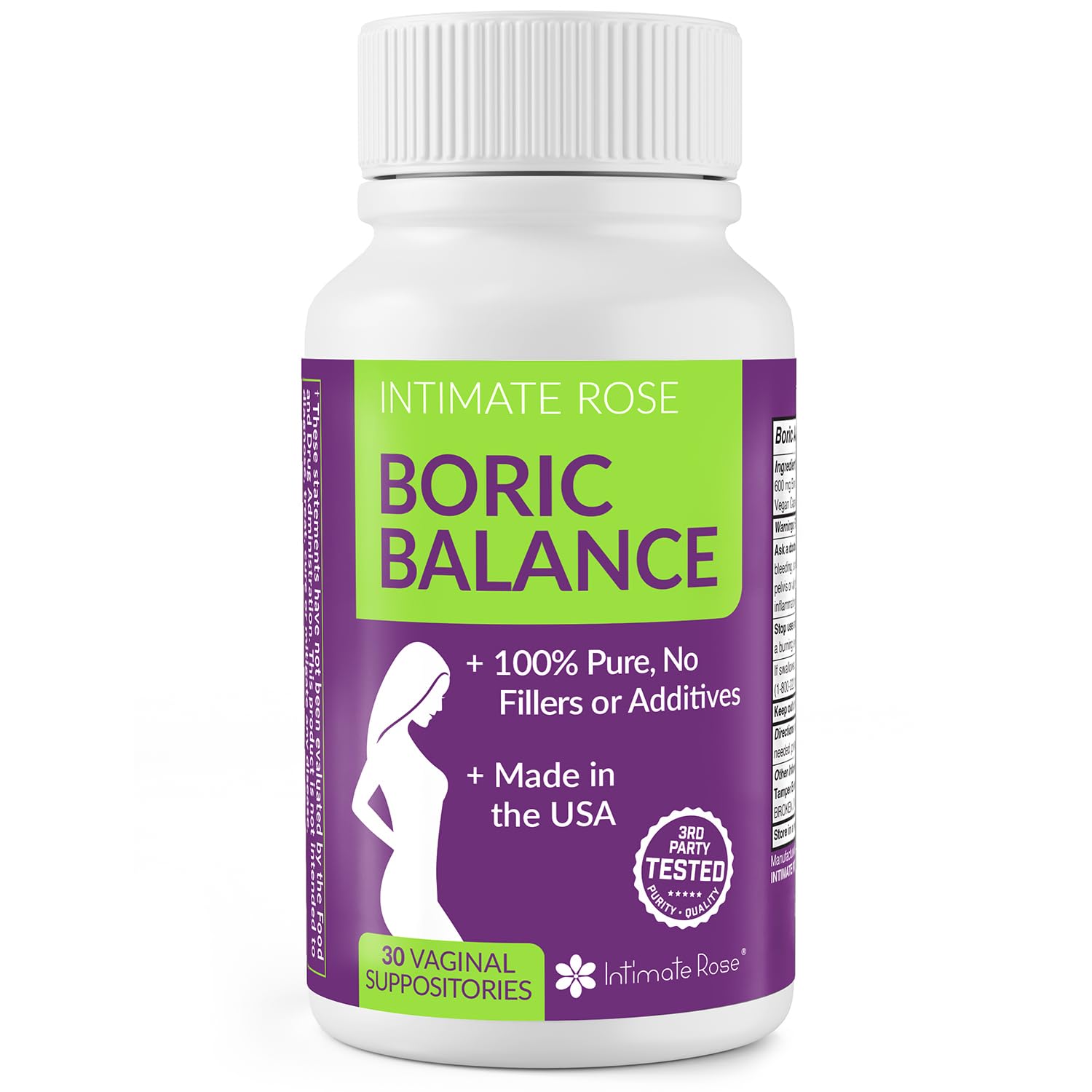 Intimate Rose Boric Acid Vaginal Suppositories, 30 Count for Feminine Deodorizing & Freshness - Vegan Capsules