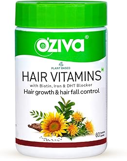 OZIVA Plant Based Hair Vitamins | Hair Vitamins for Hair Growth & Better Hair Health (with Omega-3, Biotin & Vitamin E for Hair), Certified Clean & Vegan, 60 Capsules