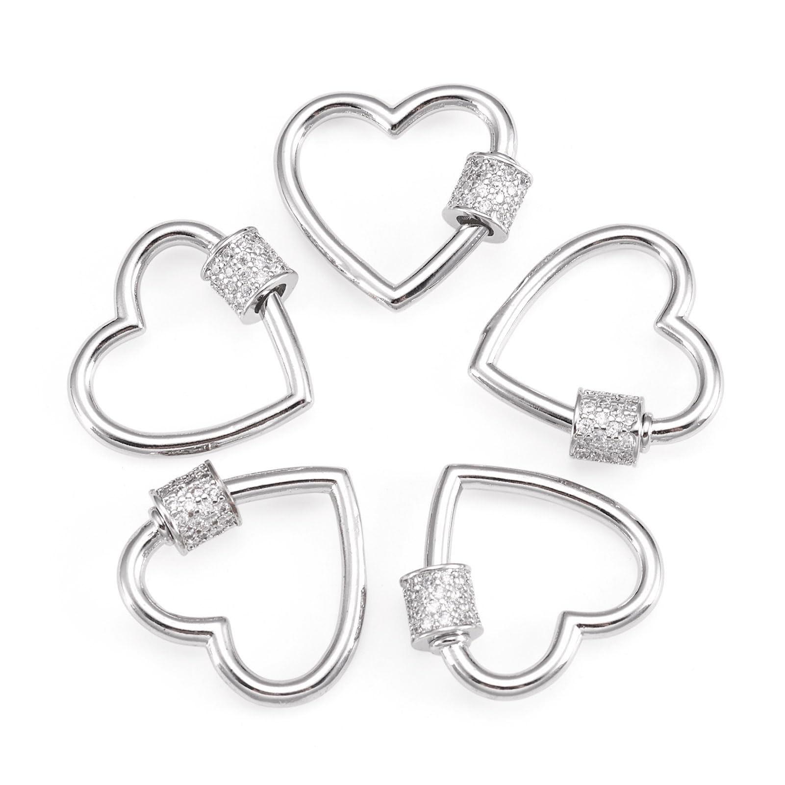 Craftdady 5Pcs Cubic Zirconia Screw Carabiner Lock Charms Platinum Heart Necklace Connector Clasp Clip Clear Crystal Rhinstone for Jewellery Making
