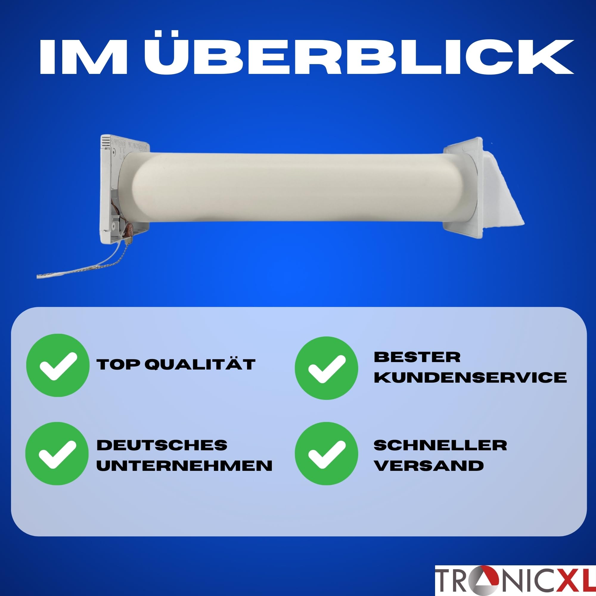 TronicXL 100m³/h Lüftungsanlage Set I 230V Wandlüfter mit Kabel und Zugschalter + Rohr + Ablufthaube I Lüfter Wohnraumlüftung Bad Keller Garage Werkstatt WC Küche Einbaulüfter Belüftung