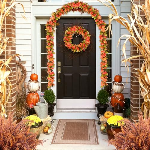 Weldomcor Pack of 5 Artificial Orange Garland 40 FT Flower Garland Roses Vines Silk Flowers Outdoor Hanging Artificial Flowers Decoration for Wedding Arch Bedroom Wall Backdrop Garden Decoration - Image 2