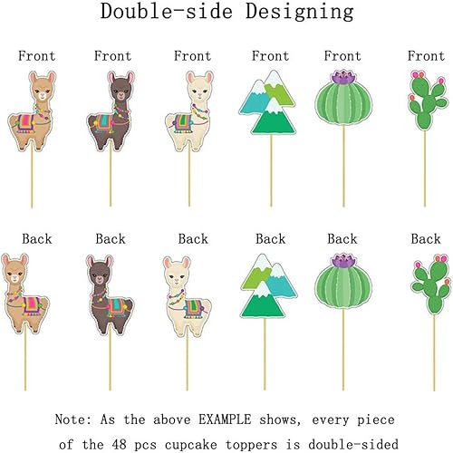 Miniatura 4 de Decoración para cupcakes de cactus de llama, 48 unidades, decoración de pasteles para fiesta mexicana, temática de cactus de alpaca, suministros