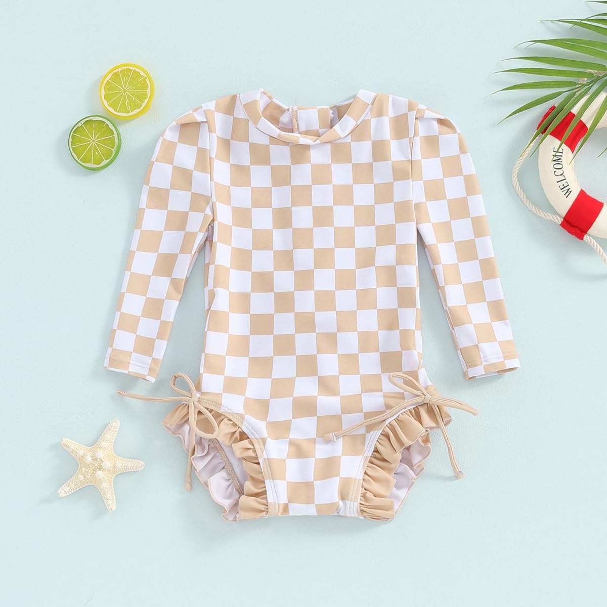 Yccutest Toddler Rash Guard One Piece Swimsuit Baby Girl Long Sleeve Ruffles Swimwear Zipper Bathing Suit Checkerboard Outfit - Image 7