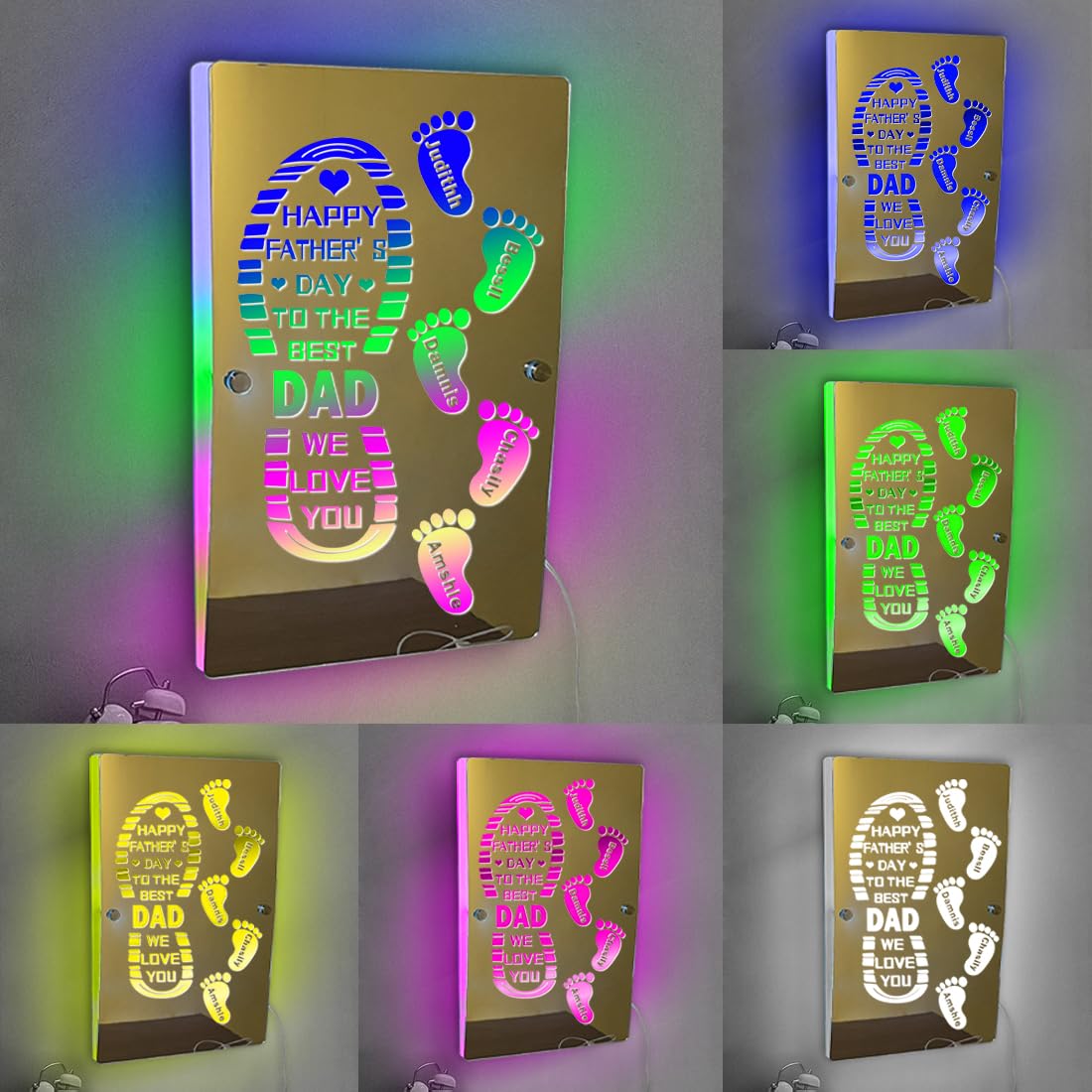 Personalized Hooked on Daddy Mirror Light, Custom Fishing Name LED Light Up Mirror Night Light with Kids Names for Bedroom Living Room Decor, Fathers Day Birthday Gift For Dad, Grandpa (Footprint)