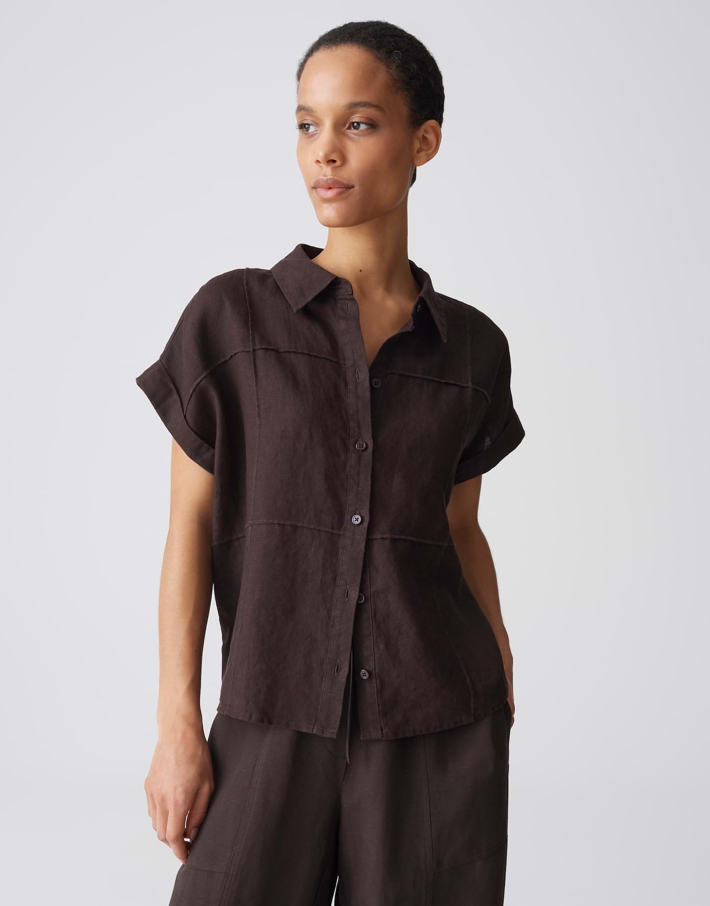 OPUS Damen Kurzarmbluse | Leinenbluse mit dreidimensionalen Karo Regular Fit